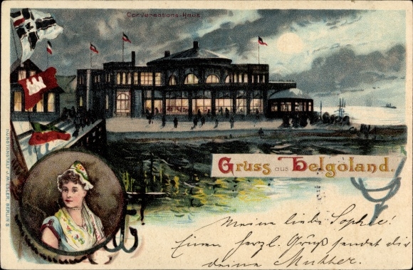 Moonlight litho Helgoland w Szlezwiku Holsztynie, dom rozmów, kobieta w tradycyjnym stroju