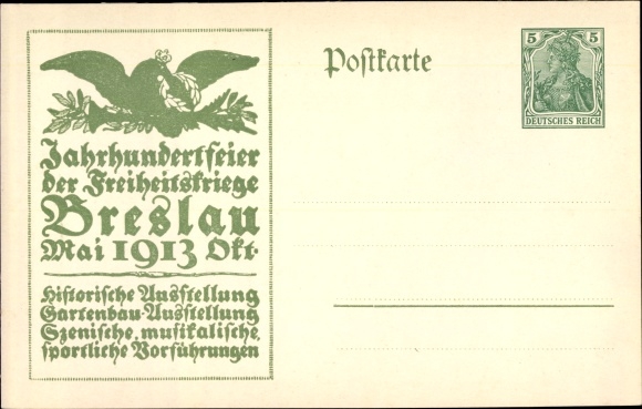 Briefpapier ansichtkaart Wrocław Breslau Silezië, eeuwfeest 1913, bevrijdingsoorlogen