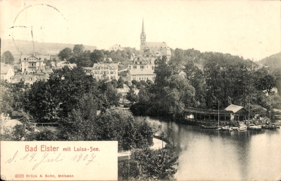 Postcard Bad Elster in Vogtland, Bad Elster with Luisa Lake, houses on the water, wooded surroundings