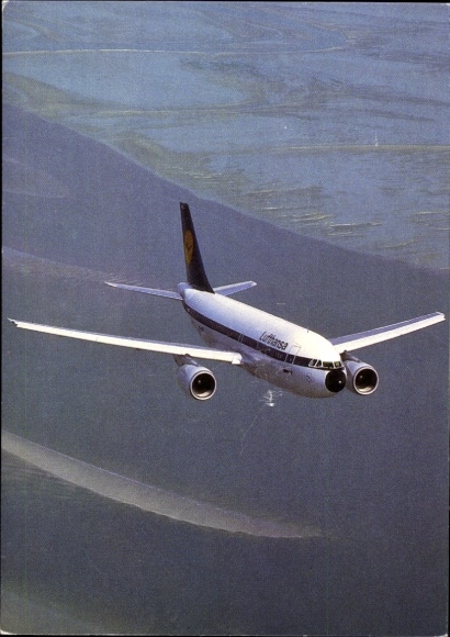 Postcard Deutsche Lufthansa, passenger plane flying over the sea