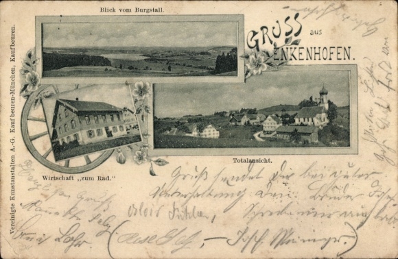 Postcard Enkenhofen Christazhofen Argenbühl im Allgäu, view from the Burgstall, economy to the bike