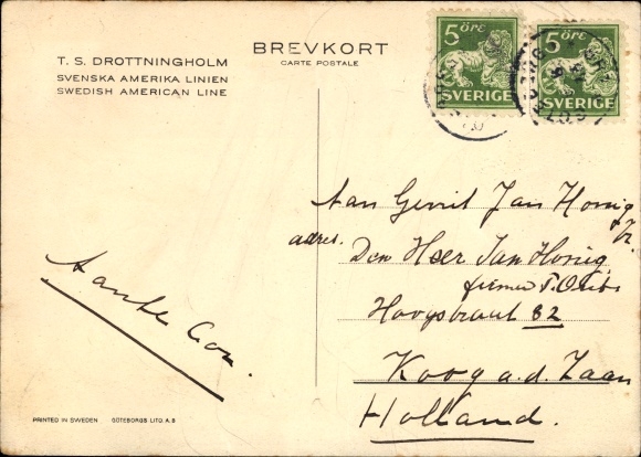Kunstenaar ansichtkaart stoomboot TS Drottningholm, Swedish American Line, Svenska Amerika Linien SAL