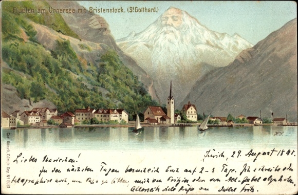 Chromo-Litho Flüelen Canton of Uri Switzerland, Lake Uri, Bristenstock, view of the town, mountain face
