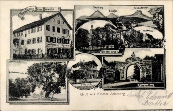 Postcard Adelberg near Göppingen, Adelberg Monastery, Gasthaus zum Rössle, Monastery Gate, Villa Link