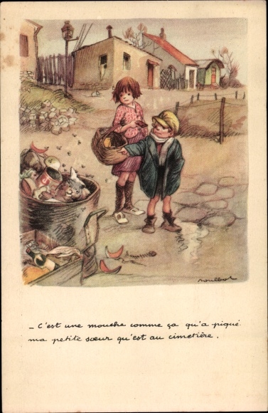 Artist PC Poulbot, Francisque, Ligue Nationale contre le Taudis, children, dustbin, flies