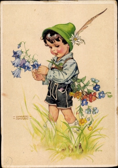 Artist Postcard Lungershausen, Ilse Wende, boy in Bavarian costume with flowers
