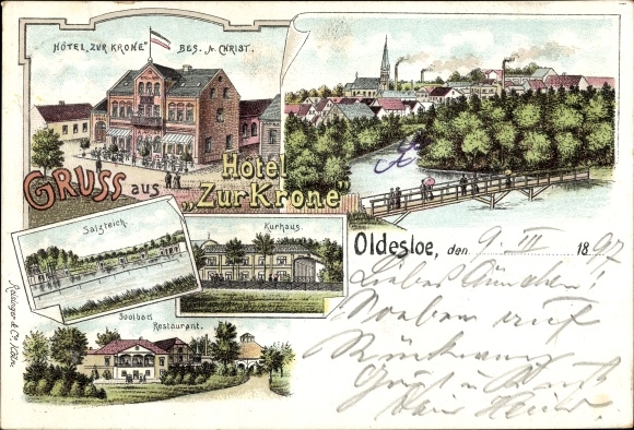 Chromo-Litho Bad Oldesloe in Holstein, Hotel zur Krone, salt pond, spa house, Soolbad restaurant