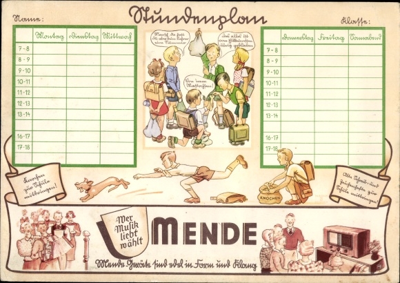 Stundenplan MENDE Radio und Fernseher, Volksempfänger, Kinder um 1930