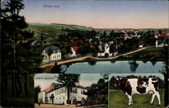 Postcard Kuhschnappel Sankt Egidien in Sachsen, Lahls Gasthof, Panorama, Kuh