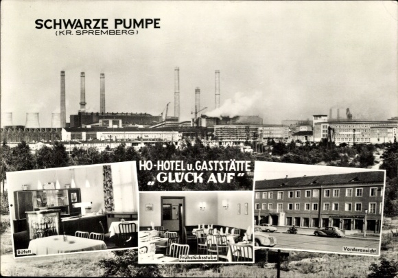 Ak Spremberg in Lausitz, Schwarze Pumpe, industrieel uitzicht, hotel en restaurant, buffet, ontbijt