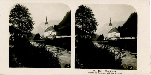 Stereo photo Ramsau in Berchtesgadener Land Upper Bavaria, partial view with church