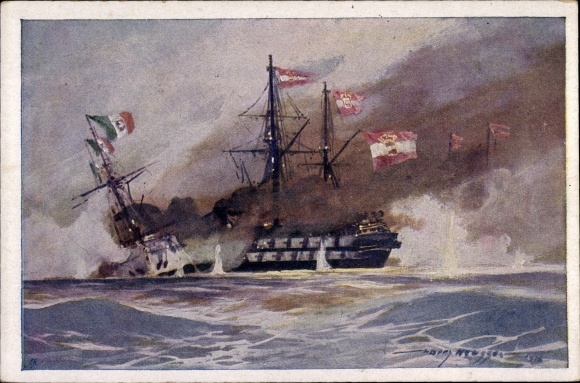 Artist PC Heusser, Harry, Austrian warship, SMS Kaiser rams Re di Portogallo