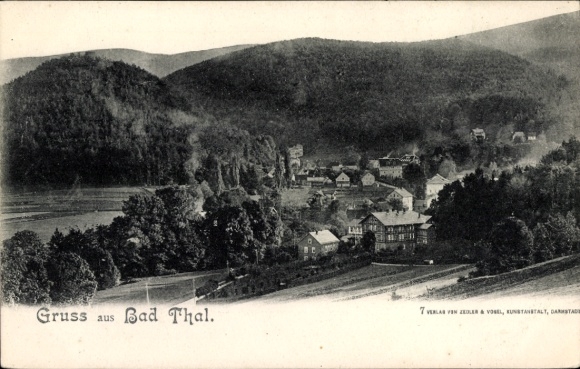 Postcard Bad Thal Ruhla in Thuringia, panoramic view, mountains, buildings, greetings from the publisher Zeler & Vo