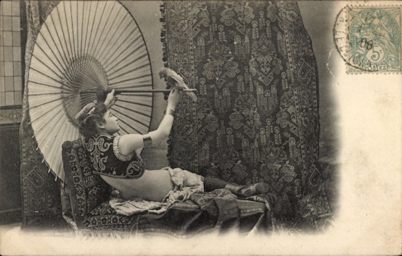 Postcard Paris I Louvre, A young woman lying on a divan holding a parrot on a sun...
