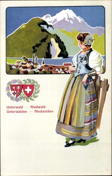 KP herbowa Unterwalden Niedwalden Kanton Nidwalden, kobieta w kostiumie, herb