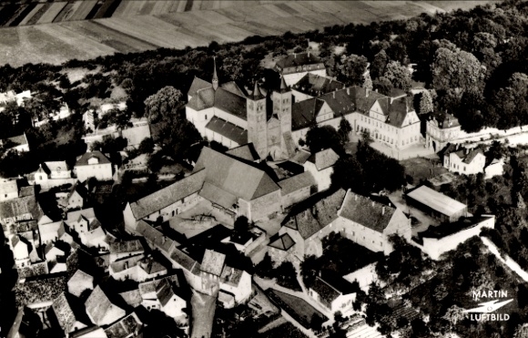 Postcard Ilbenstadt Niddatal in Hesse, aerial view, basilica