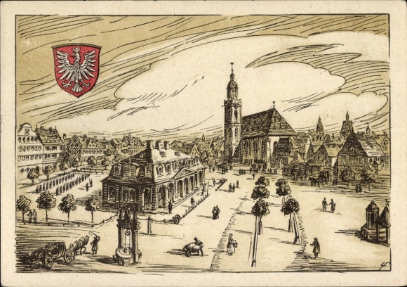 KP artystyczna Frankfurt nad Menem, przy Hauptwache, kościół, fontanna, herb