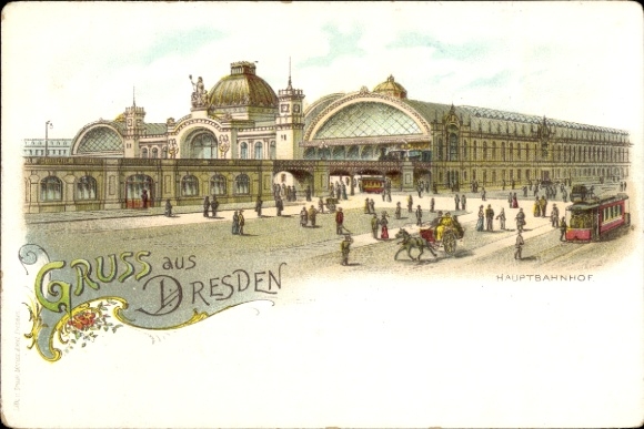 Chromo-Litho Dresden Altstadt Seevorstadt, main station, tram
