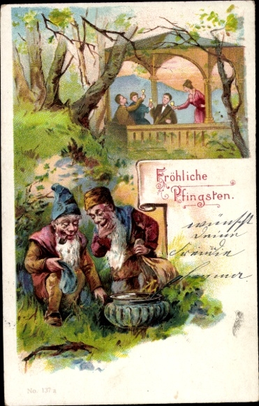 Chromo-Litho Congratulations Pentecost, dwarves, celebrating people