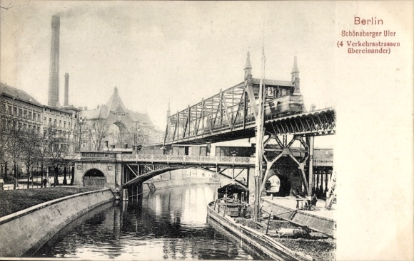 Ak Berlin Schöneberg, Brücke, Schöneberger Ufer, 4 Verkehrsstraßen übereinander, Hochbahn