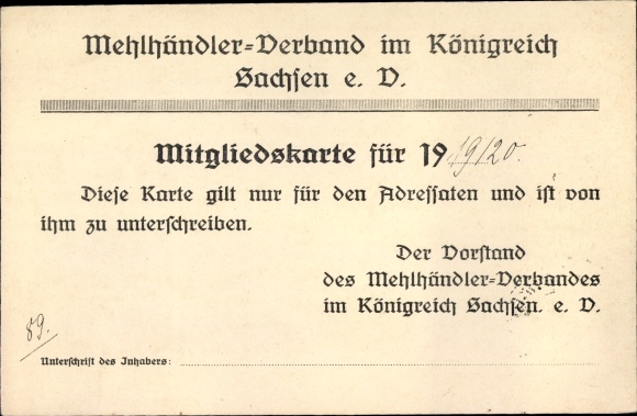 Postcard Flour Dealers Association in the Kingdom of Saxony registered association, membership card 1919/20