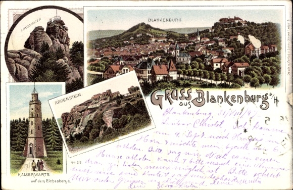 Chromo-Litho Blankenburg am Harz, grandfather, Kaiserwarte, Regenstein
