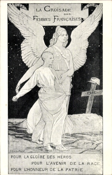 Artist Postcard The Cross of French Women, Warrior, Angel, Boy, Soldier's Grave
