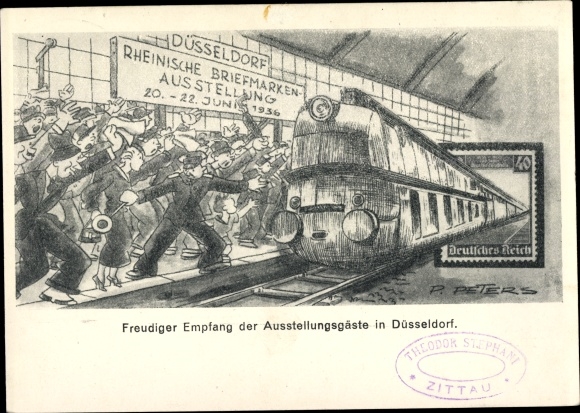 Postwaardestukken kunstenaarsbriefkaart Peters, P., Düsseldorf, Rijnlandse Postzegeltentoonstelling juni 1936