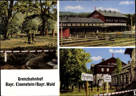 Postcard Bayerisch Eisenstein in Lower Bavaria, border station, building, barrier trees