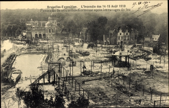 Postcard Bruxelles Brussels, World Exhibition 1910, Incendie, Panorama de Kermesse