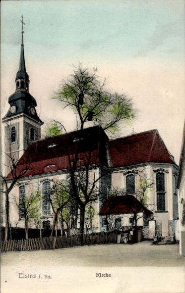 Postcard Elstra in Upper Lusatia Saxony, church, Elstra i. Sa., architecture, trees, fence