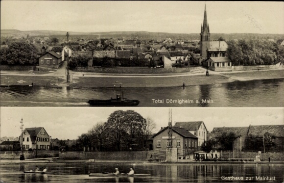 Postcard Dörnigheim am Main, Gasthaus zur Mainlust, town view