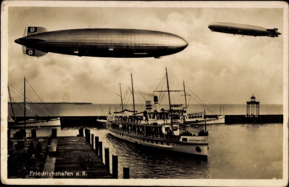 Ansichtkaart Friedrichshafen aan het Bodenmeer, Zeppelin, stoomboot