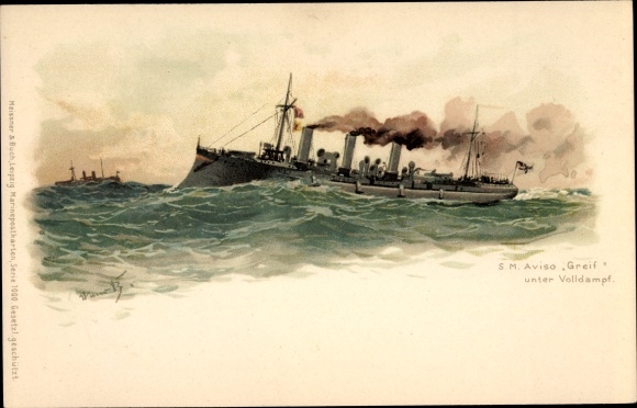 Artist Chromo-Litho Bohrdt, Hans, German warship, SMS Greif, Aviso