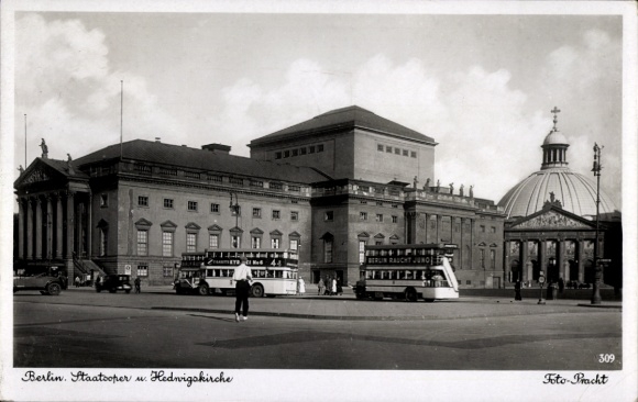 Ak Berlin Mitte, Staatsoper und Hedwigskirche, Doppeldeckerbus