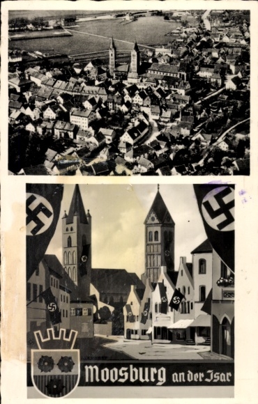 Postcard Moosburg an der Isar, total view, street section decorated with flags