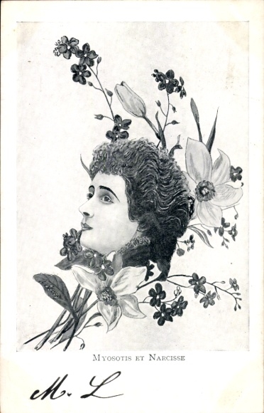 Kunstenaar Ak Sager, Xavier, Myosotis et Narcisse, vrouwengezicht, bloemen
