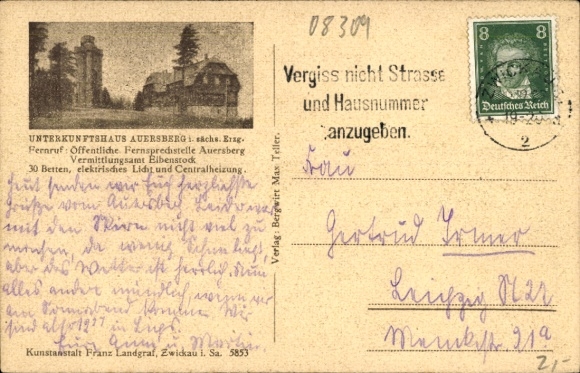 Postcard Blauenthal Eibenstock in the Ore Mountains, Panorama, Accommodation House Auersberg