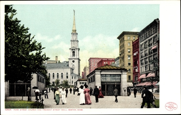 Postcard Boston Massachusetts USA, Park Street Church and Tremony Street Mall