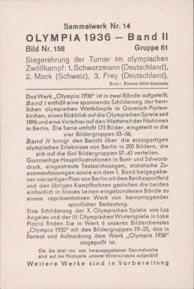 Collector's card from the 1936 Olympics, award ceremony for the gymnasts in the twelve-event competition, Schwarzmann, Mack, Frey