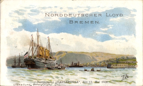 Kunstenaar Ak Eckenbrecher, T. v., poststoomboot Barbarossa, Noord-Duitse Lloyd Bremen