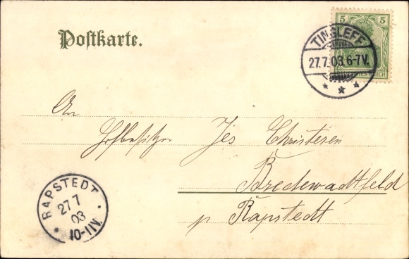 Chromo-Litho Harpstedt in the forest in Oldenburg, Greetings from the German Nordmark, Imperial flag