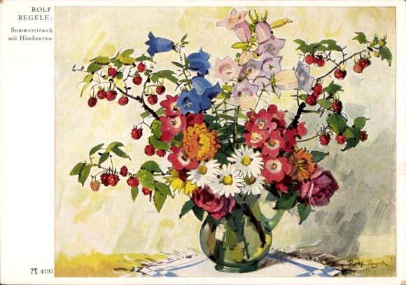 Artist Postcard Regele, R., Bouquet of flowers, summer bouquet with raspberries