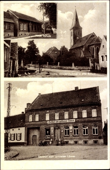 Ak Arnstedt Arnstein Sachsen Anhalt, Neue Schule, Kirche, Kriegerdenkmal, Gasthof zum goldenen Löwen