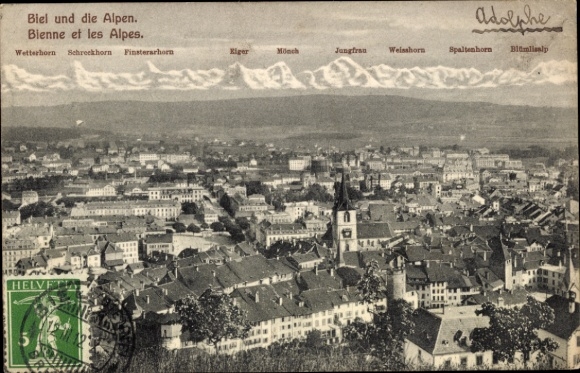 KP Biel Bienne Kt. Berno, widok na alpejski krajobraz, Wetterhorn, Eiger, Mönch, Jungfrau, Weisshorn