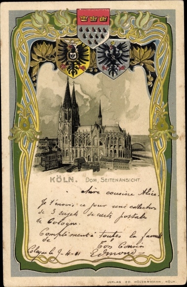 Passepartout Coat of Arms Chromo-Litho Cologne am Rhein, Cathedral, side view