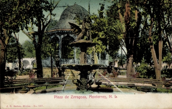 Ak Monterrey Nuevo León Mexiko, Brunnen, Parkanlage, Statue, Bäume, 