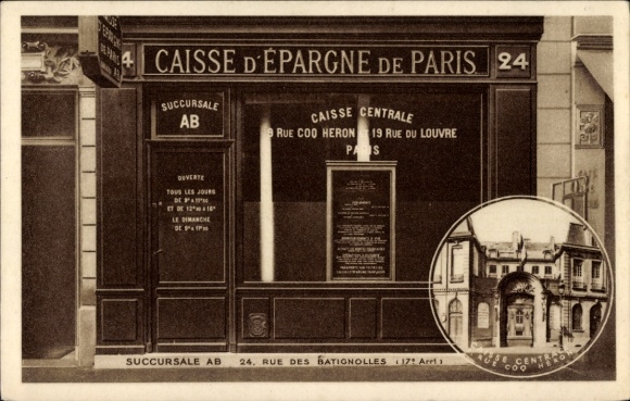 CPA Parijs XVII., Caisse d'Epargne, 24, Rue des Batignolles