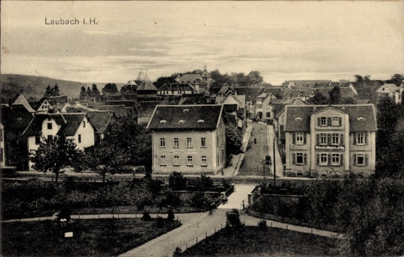 Postcard Laubach in Hesse, total view, inn, butcher's shop, bridge