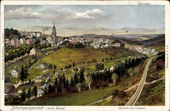 Artist Postcard Johanngeorgenstadt in the Ore Mountains, railway line to Carlsbad, Panorama
